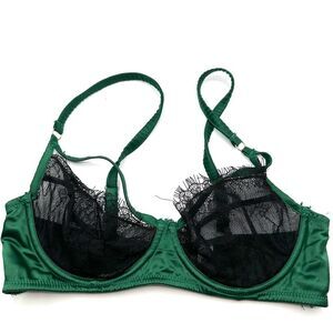 Playful Promises Emerald Green balconette Lace Satin bra size 32C Feminine Sexy